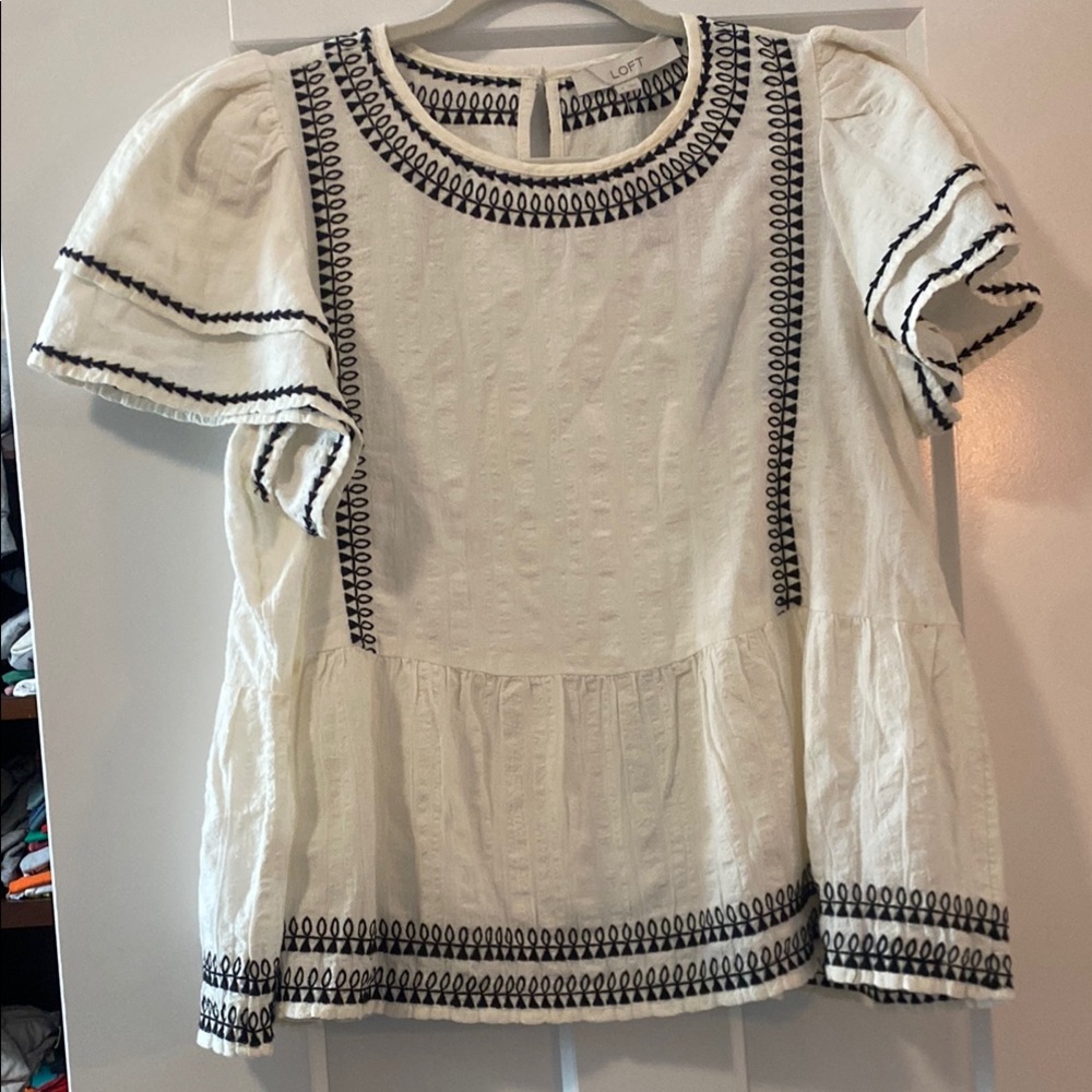 LOFT White and Black Embroidered blouse